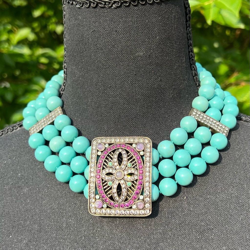 Dramatic Heidi Daus Turquoise Necklace With Crystal Encrusted Centerpiece